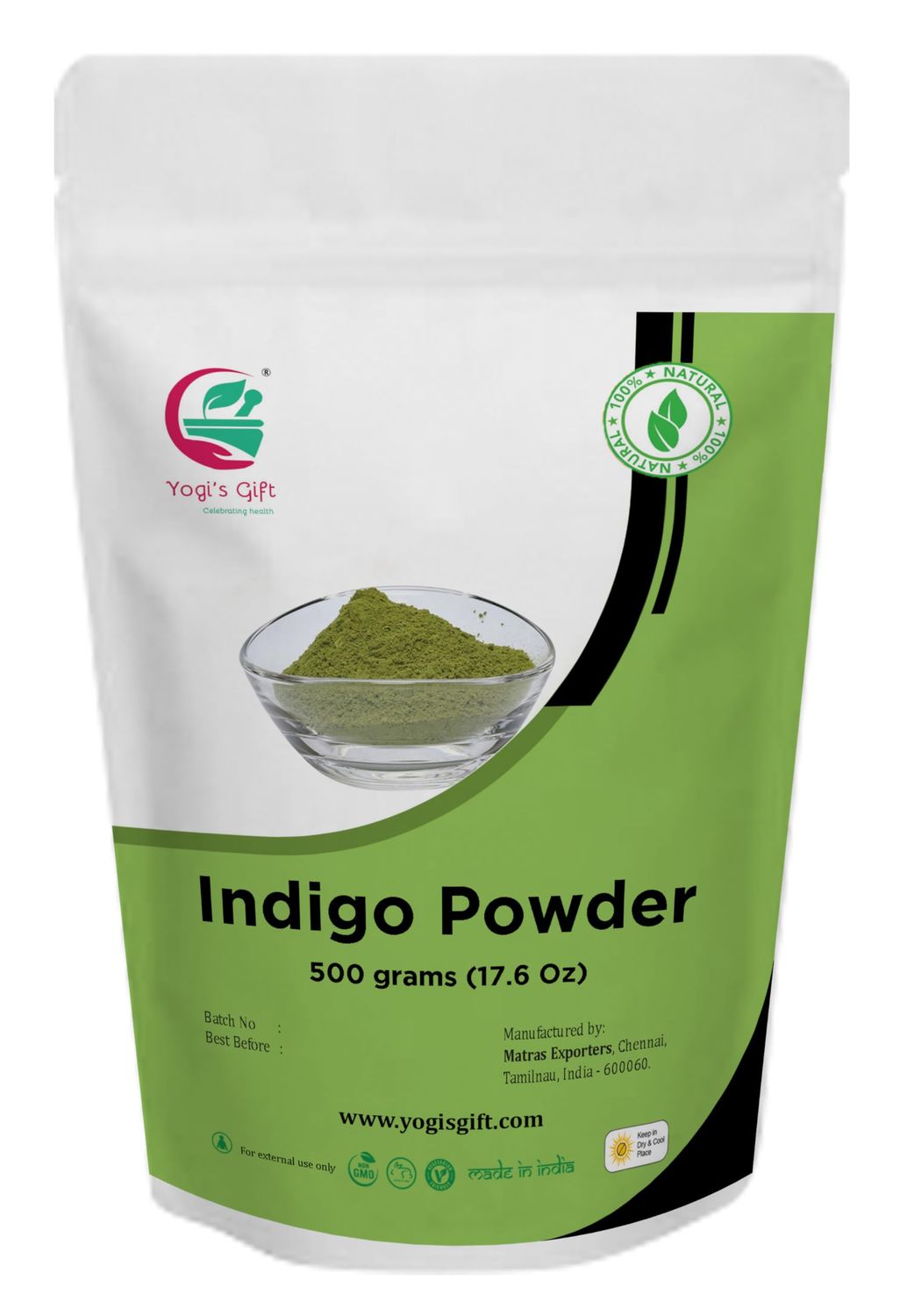 500 GRAMS | 100% Pure INDIGO POWDER for Hair (1.2LB /17.6 oz) | Ideal for Black and Dark Hair | Indigofera Tinctoria | Black Henna | Natural Hair color | Yogi&#39;s Gift