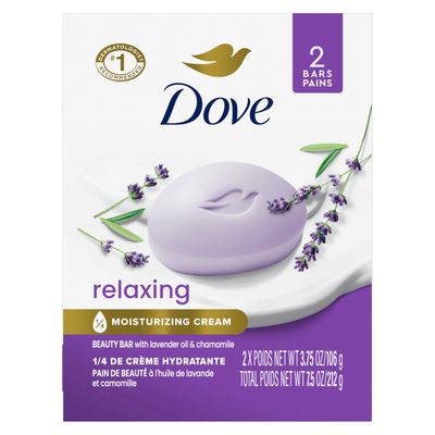 Dove Beauty Bar Soap Relaxing Lavender Oil &amp; Chamomile 2 Bars for moisturized Skin, Calms dry Skin 3.75 oz