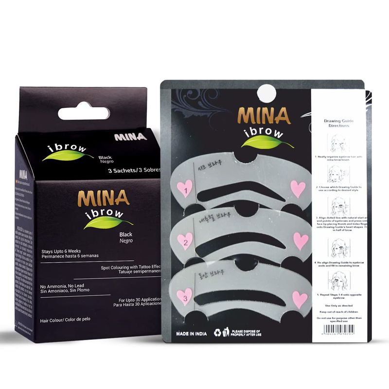 Mina ibrow Henna Coloring Kit &amp; Regular Pack Black with hairs Stencils-Combo Pack