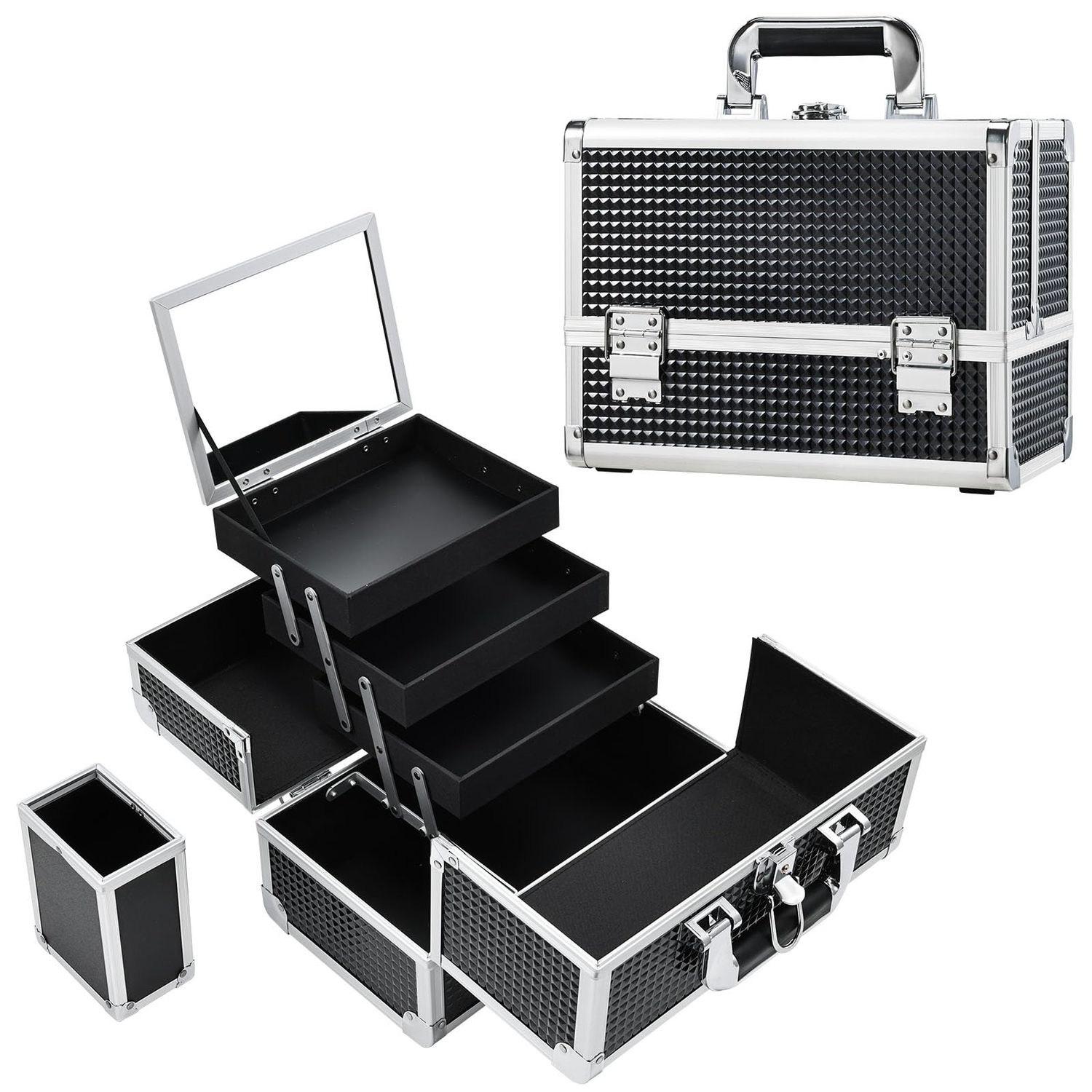 Joligrace Makeup Box Organizer 11.8 Inch Large Makeup Case 3-Tray with Mirror Carrying Make-up Train Case with Brush Holder Locking Portable Cosmetic Travel Storage Shiny Black