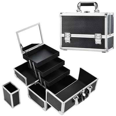 Joligrace Makeup Box Organizer 11.8 Inch Large Makeup Case 3-Tray with Mirror Carrying Make-up Train Case with Brush Holder Locking Portable Cosmetic Travel Storage Shiny Black