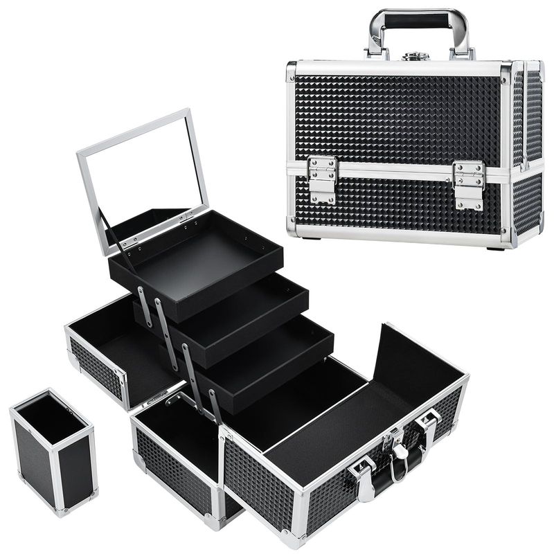 Joligrace Makeup Box Organizer 11.8 Inch Large Makeup Case 3-Tray with Mirror Carrying Make-up Train Case with Brush Holder Locking Portable Cosmetic Travel Storage Shiny Black
