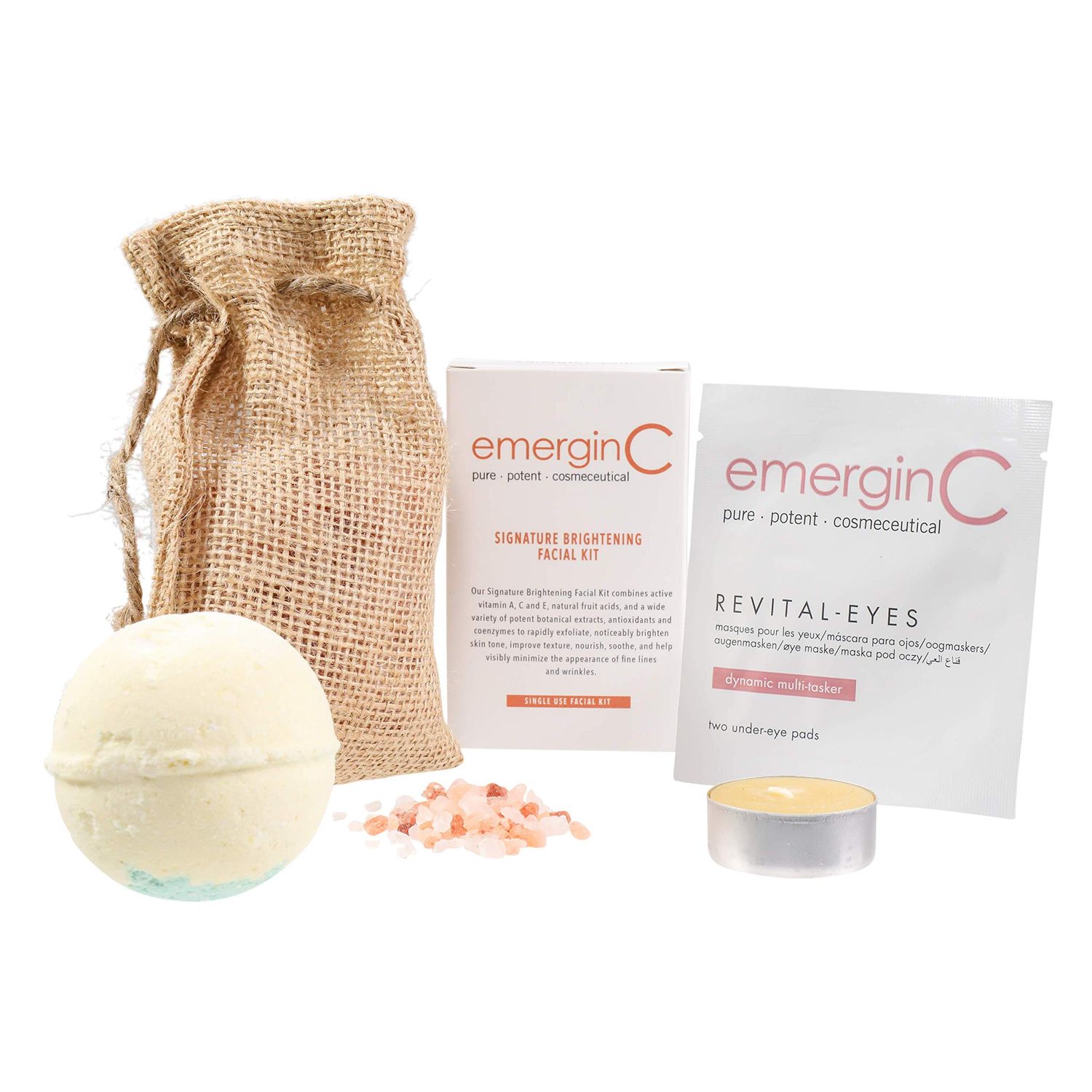 emerginC at-Home Luxury Spa Kit, Signature - 5-Piece Skincare + Self Care Set - Illuminating Facial Kit, Revital-Eyes Mask, Essential Oil Bath Bomb, Himalayan Bath Salts + Beeswax Candle