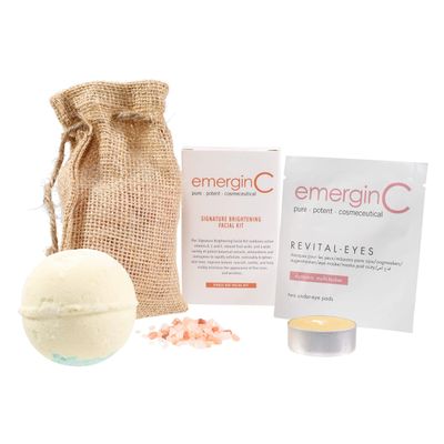 emerginC at-Home Luxury Spa Kit, Signature - 5-Piece Skincare + Self Care Set - Illuminating Facial Kit, Revital-Eyes Mask, Essential Oil Bath Bomb, Himalayan Bath Salts + Beeswax Candle