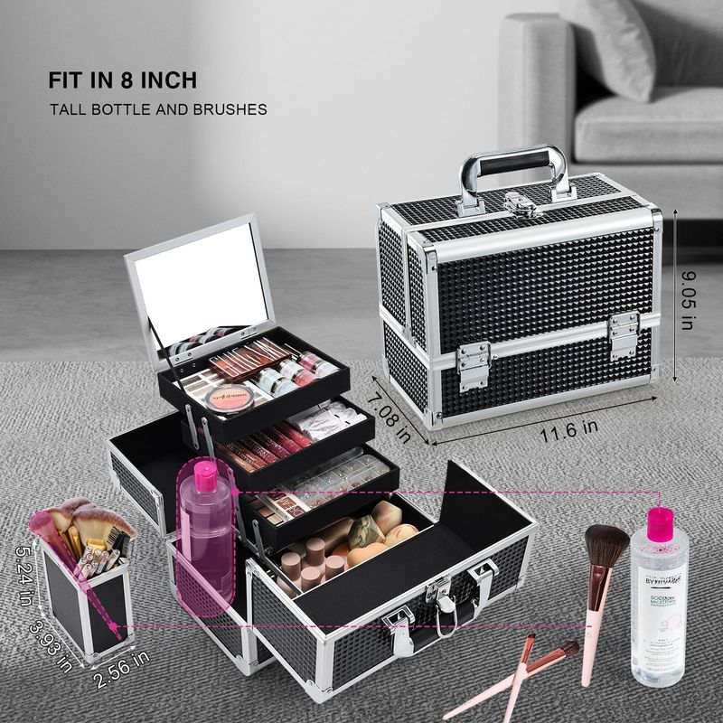 Joligrace Makeup Box Organizer 11.8 Inch Large Makeup Case 3-Tray with Mirror Carrying Make-up Train Case with Brush Holder Locking Portable Cosmetic Travel Storage Shiny Black