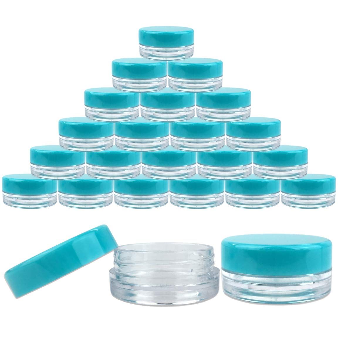 Beauticom (25 Pieces Jars + Lid) 3G/3ML Round Clear Jars with TEAL Sky Blue Screw Cap Lids for Scrubs, Oils, Toner, Salves, Creams, Lotions, Makeup Samples, Lip Balms - BPA Free