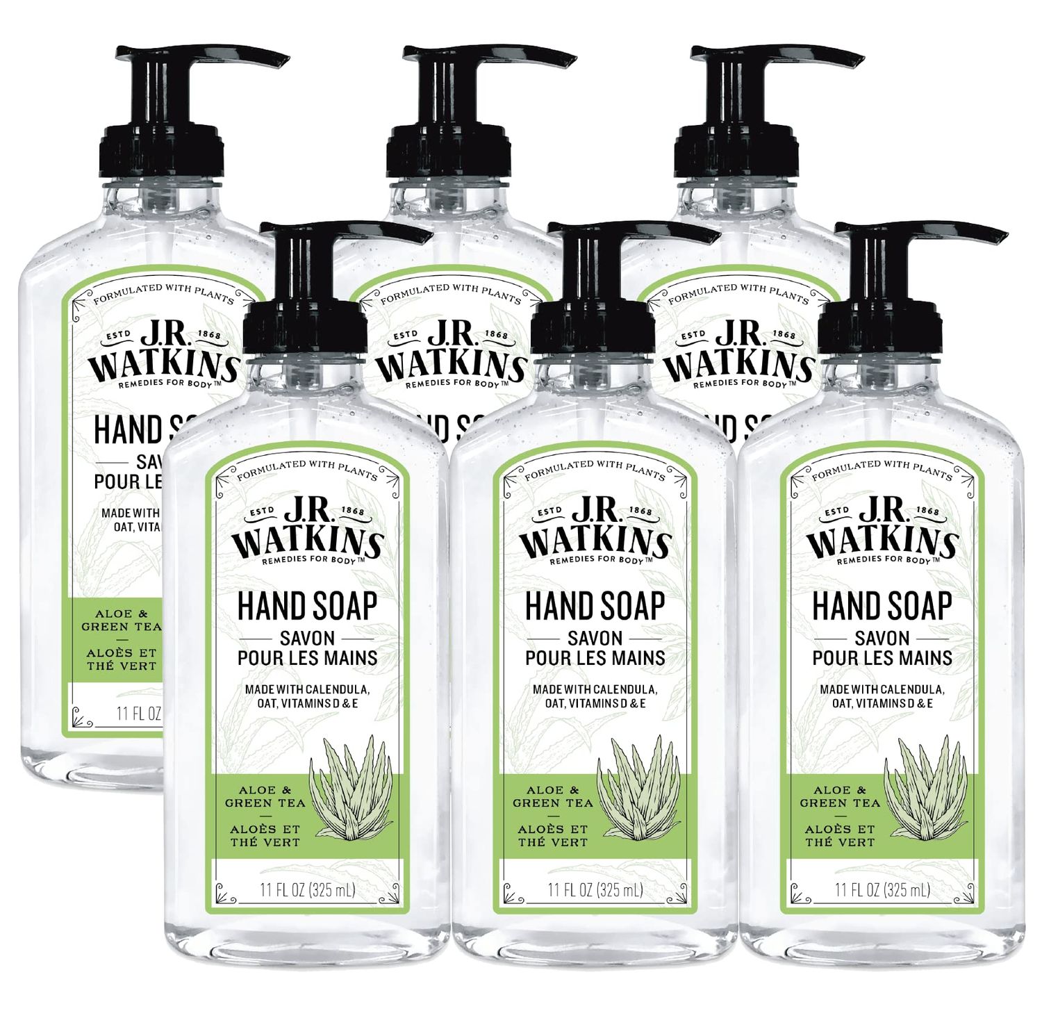 J.R. Watkins Gel Hand Soap, Scented Liquid Hand Wash for Bathroom or?Kitchen, USA Made and Cruelty Free, 11 fl oz, Aloe &amp; Green Tea, 6 Pack