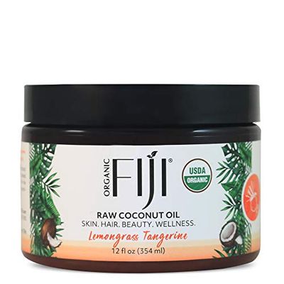 Organic Fiji Raw Cold Pressed Coconut Oil for Hair, Skin, Face &amp; Body | Relaxing Massage Oil | Lemongrass Tangerine,12 oz for Women Men &amp; Baby