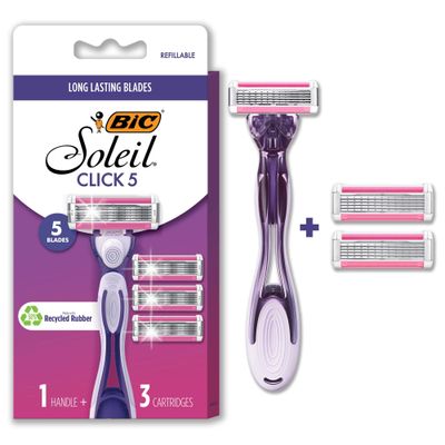 BIC Click 5 Soleil Women&#39;s Disposable Razors, 5 Blades With a Moisture Strip For a Smoother Shave, 1 Handle and 3 Cartridges, 4 Piece Razor Set