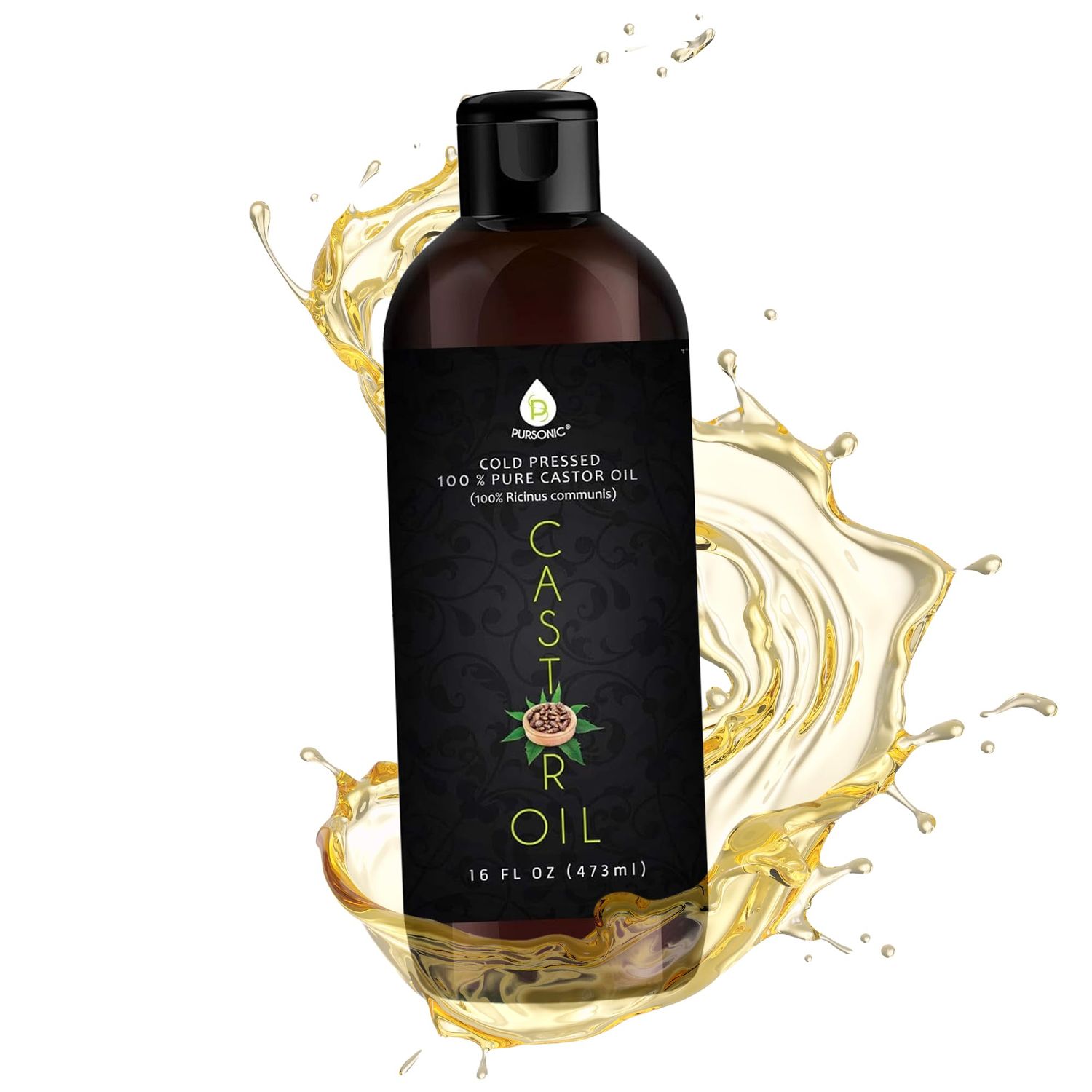 Pursonic Castor Oil (16oz) Cold-Pressed, 100% Pure, Hexane-Free Castor Oil-Moisturizing &amp; Healing, For Dry Skin, Hair Growth - For Skin, Hair Care, Eyelashes