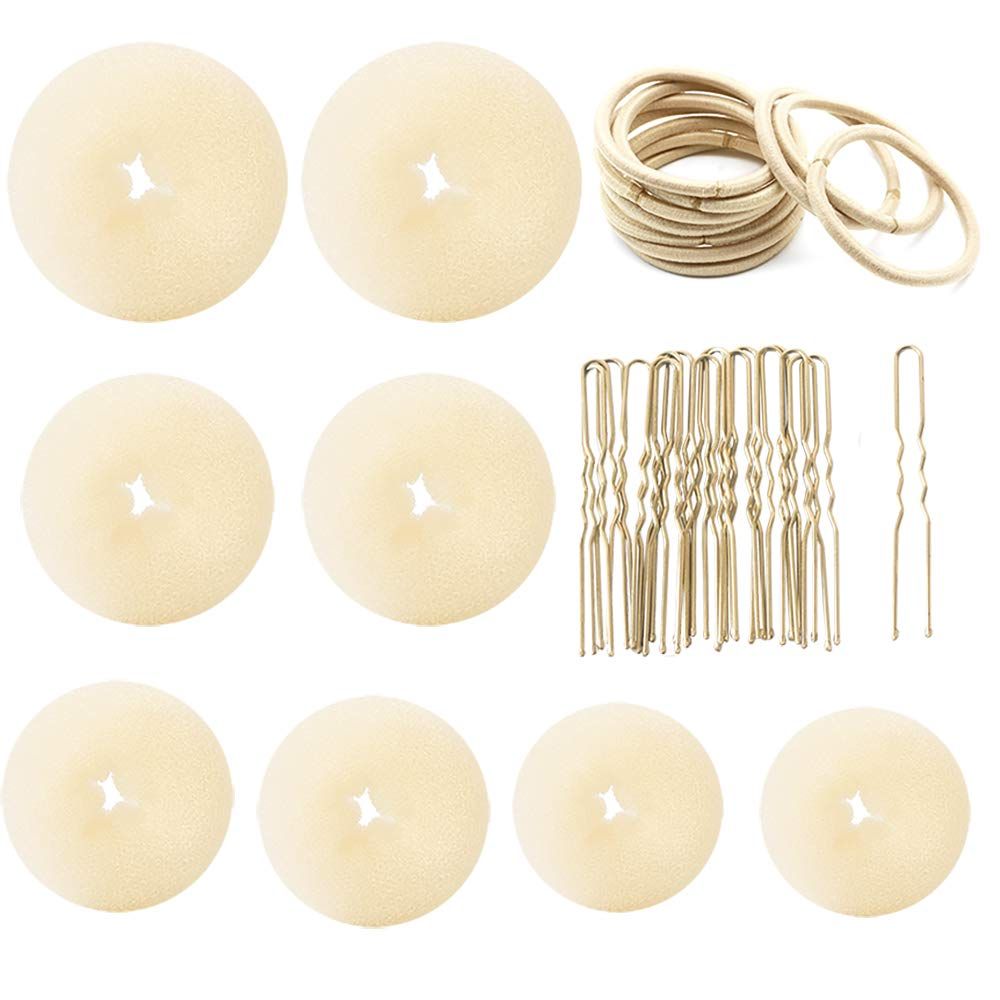 Hair Bun Maker,Donut Bun Maker Ring Style Hair bun maker set with 18 Bobby Pins &amp;10 Elastic hair tie bands&amp;8 Bun For Chignon Hair Styles (2 Small 2 Medium 2 Large 2 Extra-large) (Blonde)