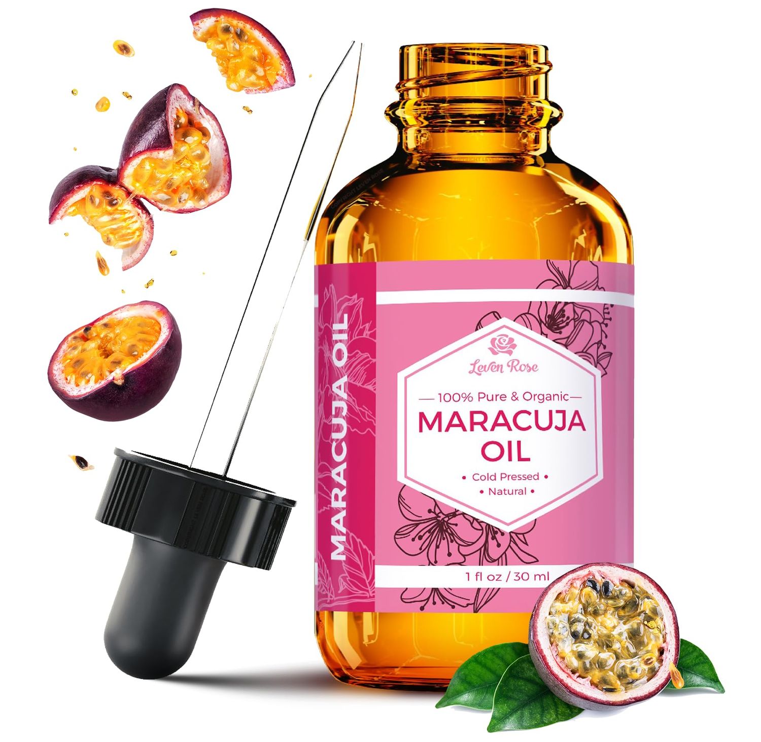 Leven Rose Maracuja Oil, Passion Fruit Seed Oil 100% Natural Moisturizer for Hair Skin and Nails 1 oz