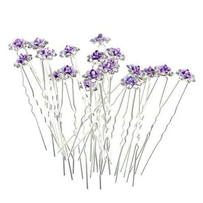 Rbenxia 20 Pcs Bridal Wedding Rhinstone Hair Pins hair Accessories Hair Sticks 2.4 Inches Bridal Prom Clips Rose U-shaped Hair Pins for Women and Girls, Purple