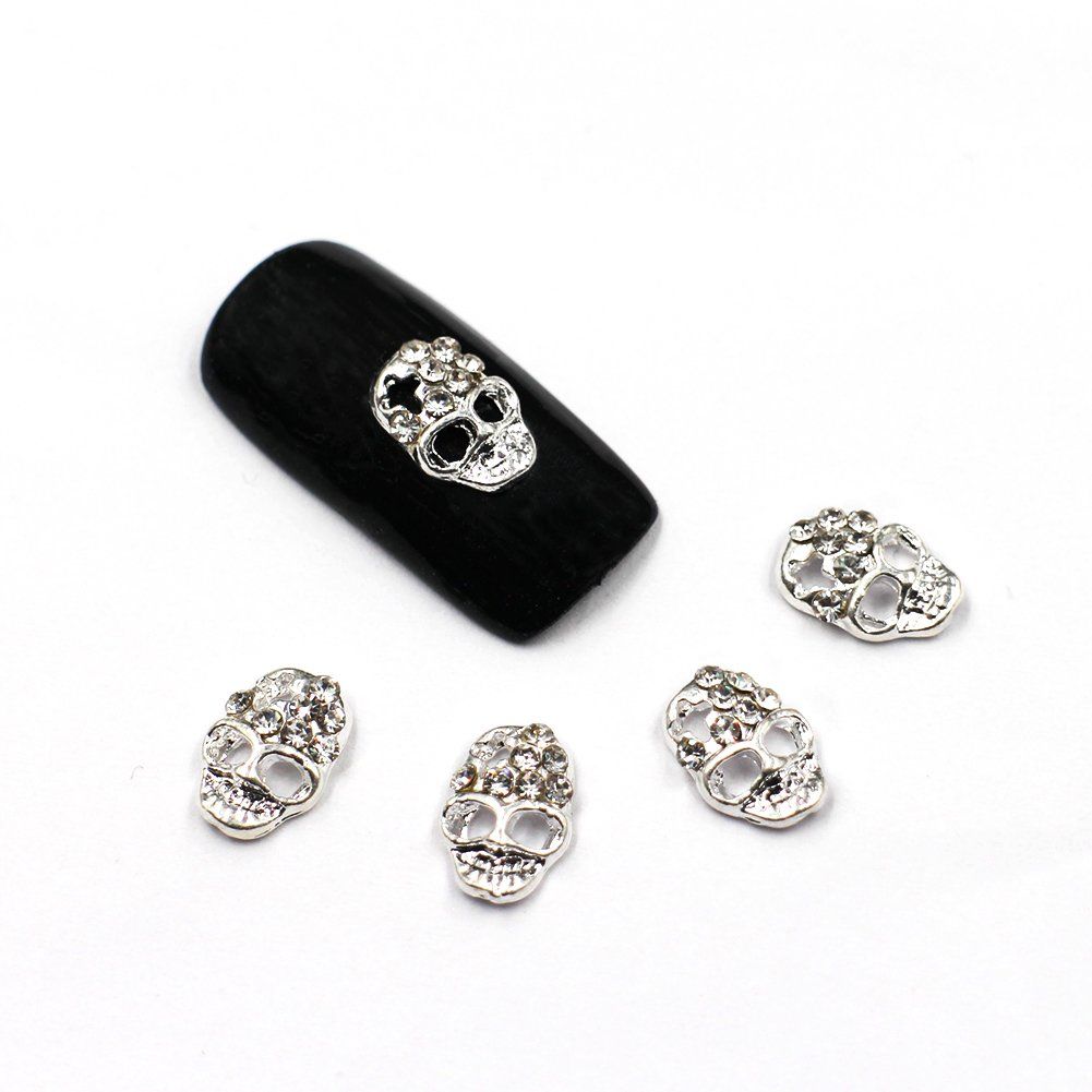 MEILIND Nail 3D DIY Rhinestone Cool Punk Silver Skull Alloy Metal Nail Art Decoration Tips 10Pcs