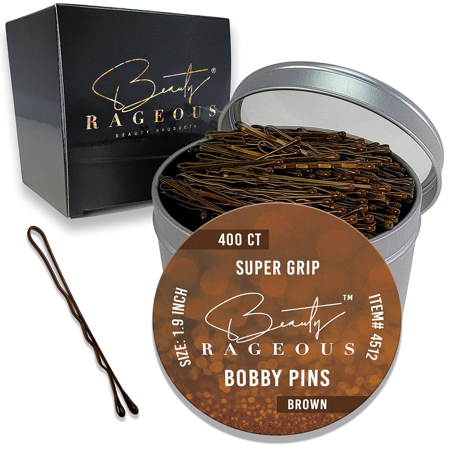 Super Grip Bobby Pins - Women&#39;s 1.9 Inch - Easy, Secure, All Hair Types - Handy Reusable Tin (Brown - 400 Ct Approx)