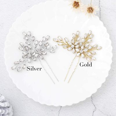 Unicra Wedding Crystal Flower Hair Pins Decorative Wedding Bridal Hair Accessories for Brides Pack of 2 (B-Gold)