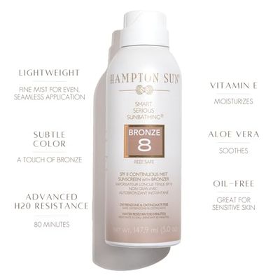 Hampton Sun SPF 8 Bronze Continuous Mist Sunscreen | Sunbathing Enhancer | Touch of Warm Bronze for an Instant, Radiant Glow | Antioxidant-Rich Moisture with Vitamin E + Aloe Vera | Oil-Free