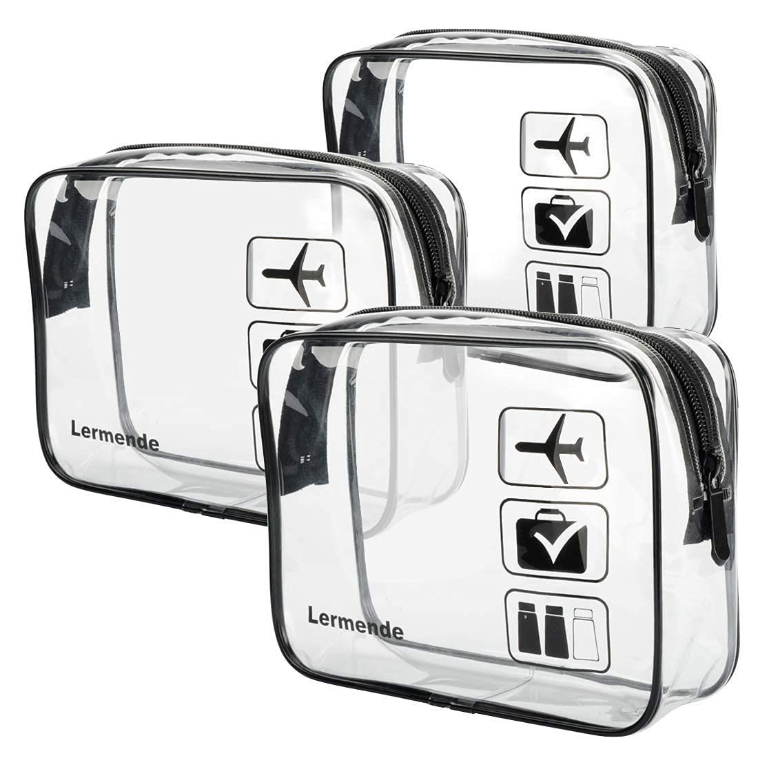 Lermende 3pcs TSA Approved Toiletry Bag with Zipper Travel Luggage Pouch Carry On Clear Airport Airline Compliant Bag Travel Cosmetic Makeup Bags for Men Women (Black)