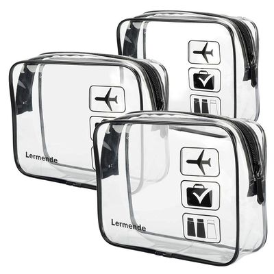 Lermende 3pcs TSA Approved Toiletry Bag with Zipper Travel Luggage Pouch Carry On Clear Airport Airline Compliant Bag Travel Cosmetic Makeup Bags for Men Women (Black)