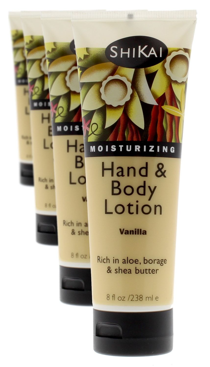 ShiKai Vanilla Hand &amp; Body Lotion (8oz, Pack of 4) | Daily Moisturizing Skincare for Dry and Cracked Hands | With Aloe Vera &amp; Vitamin E