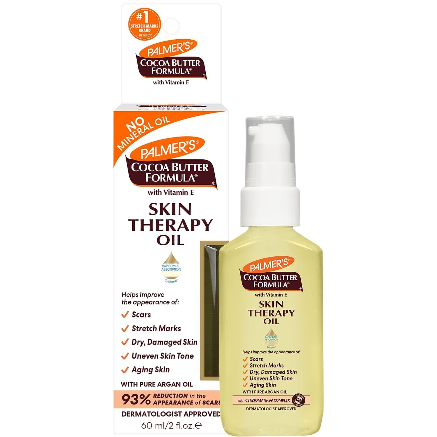 Palmer&#39;s Cocoa Butter Formula Skin Therapy Moisturizing Body Oil with Vitamin E &amp; Pure Argan Oil, Deep Body Moisturizer for Dry, Damaged Skin, Scars or Stretch Marks, 2 Ounces