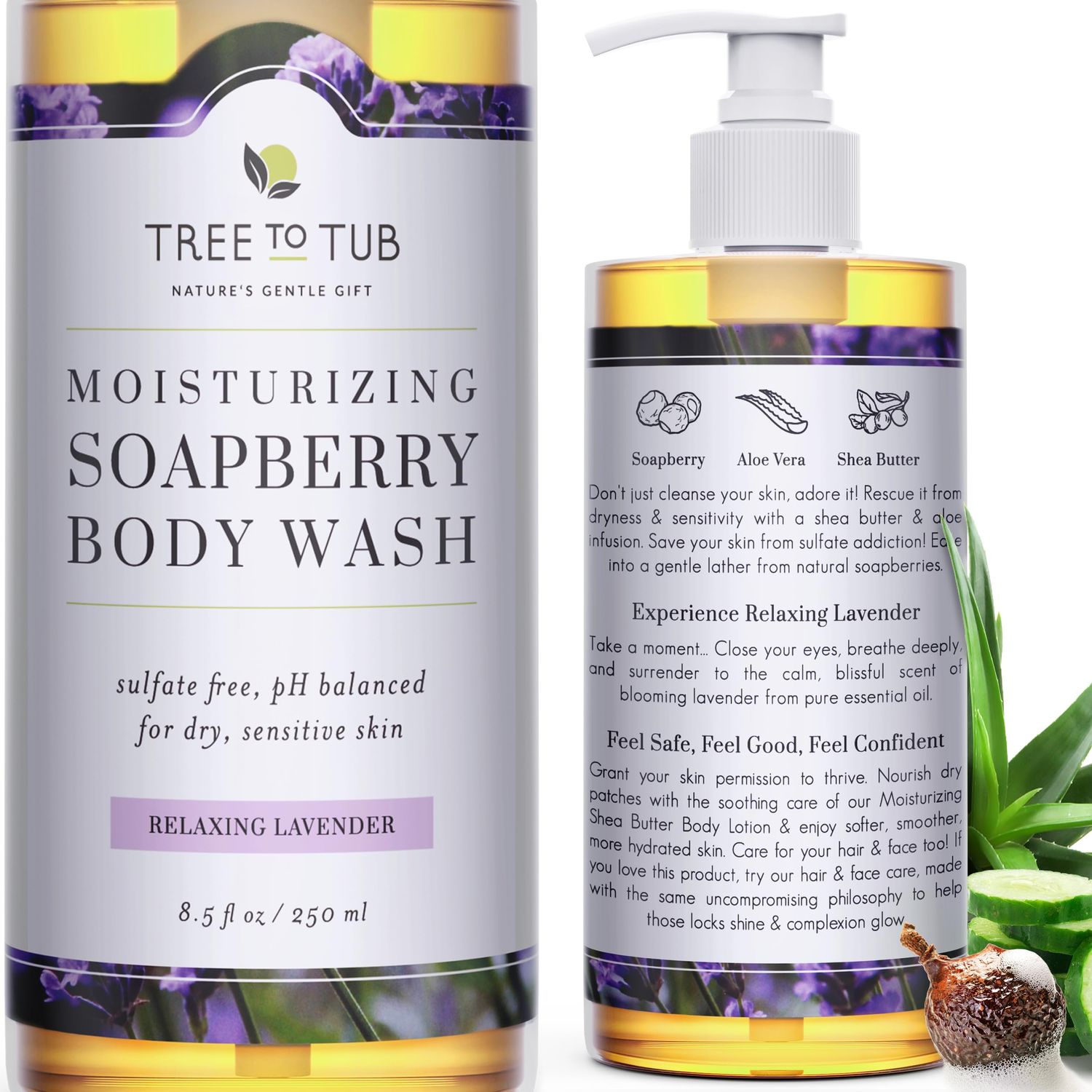 Tree to Tub Lavender Body Wash for Sensitive Skin &amp; Dry Skin - pH Balanced Moisturizing Body Wash, Hydrating Sulfate Free Vegan Body Soap for Women &amp; Men w/Organic Shea Butter, All Natural Aloe Vera