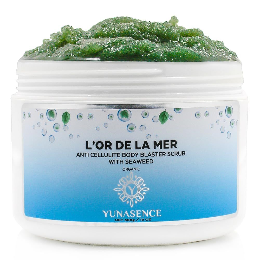 YUNASENCE L&#39;OR DE LA MER Organic Anti Cellulite Body Blaster Scrub with Sea Salt, Seaweed, Lemongrass 13oz Smoothing Exfoliating Moisturizing Skin Massage Treatment.