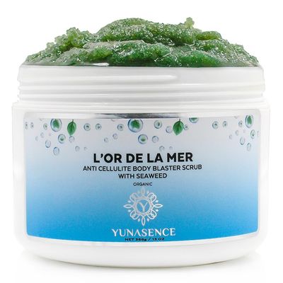 YUNASENCE L&#39;OR DE LA MER Organic Anti Cellulite Body Blaster Scrub with Sea Salt, Seaweed, Lemongrass 13oz Smoothing Exfoliating Moisturizing Skin Massage Treatment.