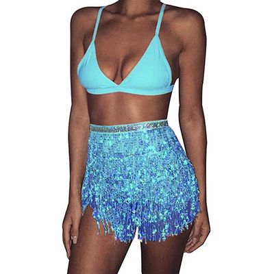 Aimimier Belly Dance Hip Skirt Sequins Tassel Scarf Multi-Layered Belly Belt Dance Wrap Rave Costume Performance Festival Dresses for Women (Blue)