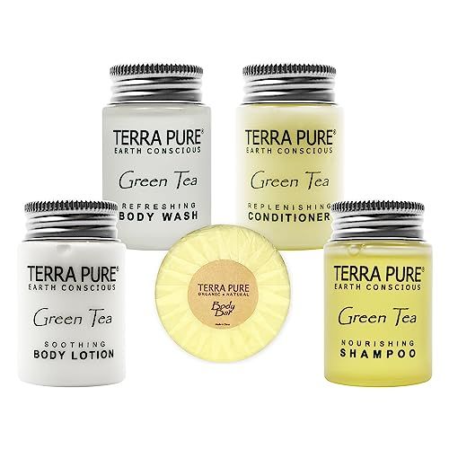 Terra Pure Hotel Soaps &amp; Toiletries Bulk Set | 1-Shoppe Amenities Kit | 1oz Shampoo &amp; Conditioner, Body Wash, Lotion, 1.25oz Bar Soap | Travel Size | 150 Pieces