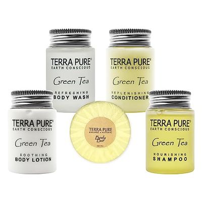 Terra Pure Hotel Soaps &amp; Toiletries Bulk Set | 1-Shoppe Amenities Kit | 1oz Shampoo &amp; Conditioner, Body Wash, Lotion, 1.25oz Bar Soap | Travel Size | 150 Pieces