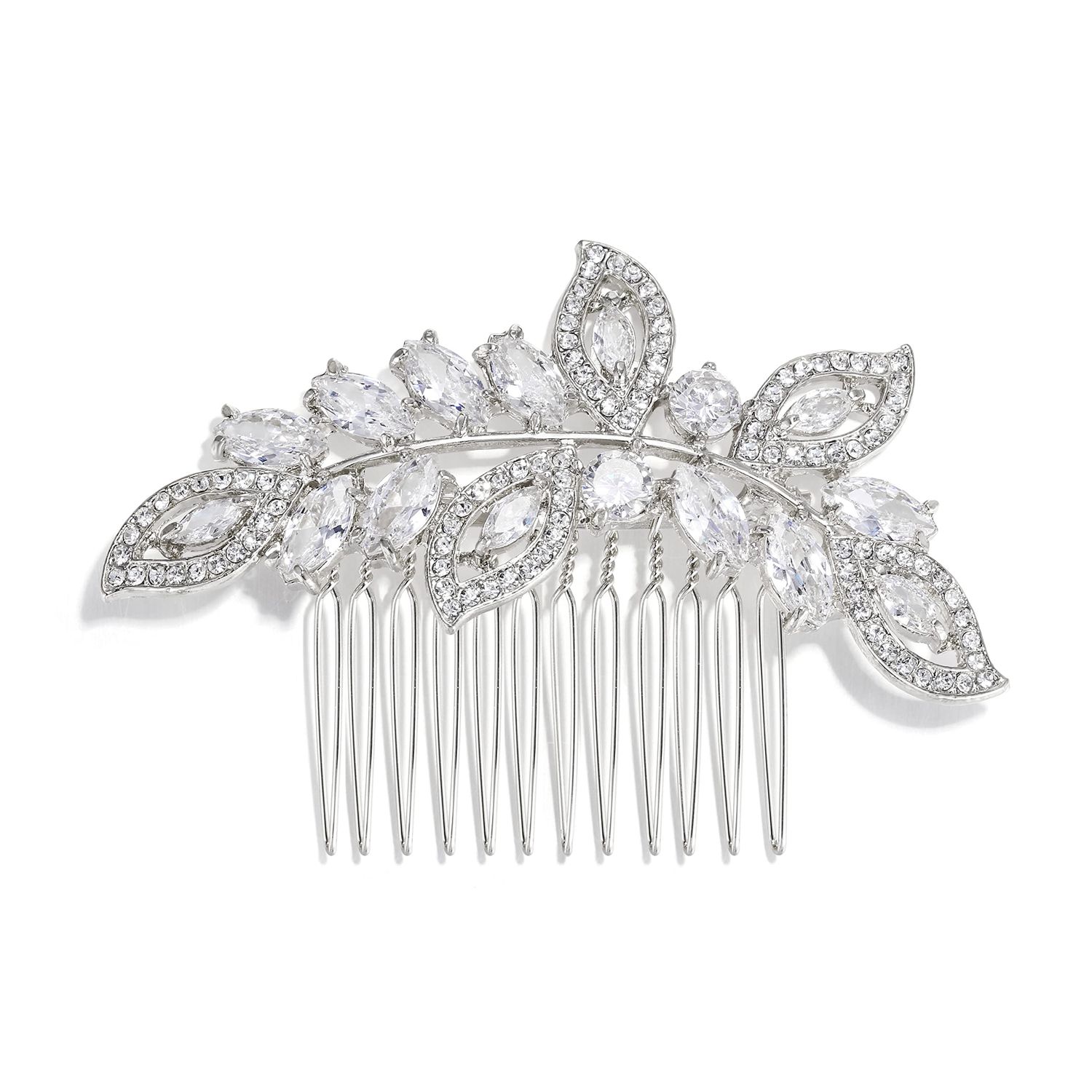 EVER FAITH Wedding Accessories Crystal CZ Leaf Wing Bridal Hair Piece Side Comb Clear Silver-Tone