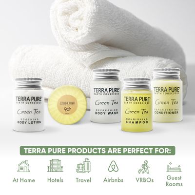 Terra Pure Hotel Soaps & Toiletries Bulk Set | 1-Shoppe Amenities Kit | 1oz Shampoo & Conditioner, Body Wash, Lotion, 1.25oz Bar Soap | Travel Size | 150 Pieces
