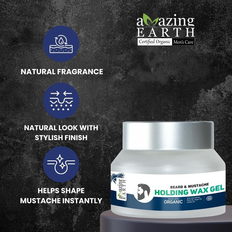 AMAzing Earth Beard &amp; Mustache Holding Wax Gel for Men - Certified Organic, Strong Hold, Styling, Argan Oil, Chemical Free, 100% Vegan &amp; Cruelty Free - 50gm