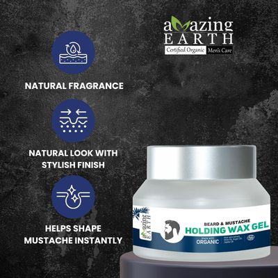 AMAzing Earth Beard &amp; Mustache Holding Wax Gel for Men - Certified Organic, Strong Hold, Styling, Argan Oil, Chemical Free, 100% Vegan &amp; Cruelty Free - 50gm