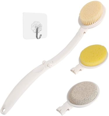 LFJ 3 in 1 Bath Sponge Brush Set for Shower, 19&quot; Long Handled Shower Brush, Shower Sponge and Pumice Gentle Exfoliation and Improved Skin Health, Suitable for Men and Women (White with Soft Brush)