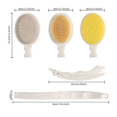 LFJ 3 in 1 Bath Sponge Brush Set for Shower, 19" Long Handled Shower Brush, Shower Sponge and Pumice Gentle Exfoliation and Improved Skin Health, Suitable for Men and Women (White with Soft Brush)