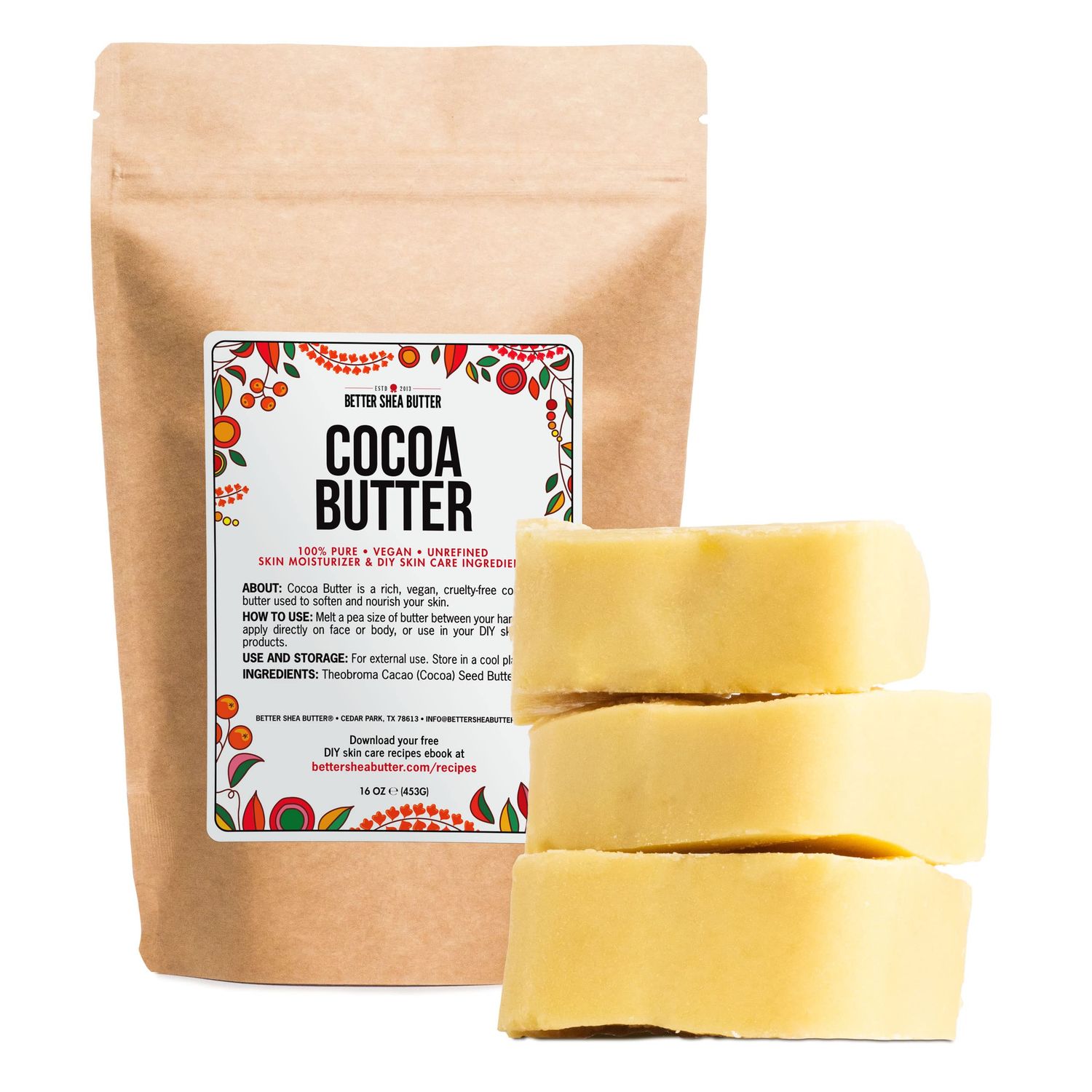 Better Shea Butter Raw Cocoa Butter - Unrefined, 100% Pure, Food Grade - Use for Cocoa Lip Balm, Stretch Marks Cream, Cacao Butter Cream, Scars Oil, Whipped Lotion - Skin &amp; Hair Moisturizer 1LB Block