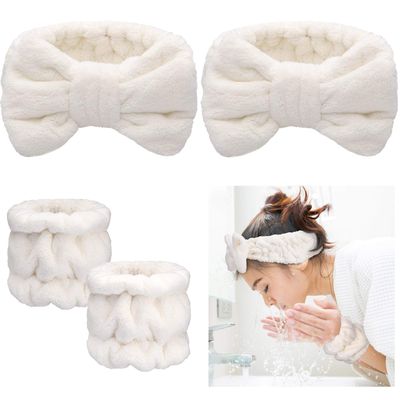 Chuangdi 4 Pcs Microfiber Headband Spa Wristbands and Wrist Bands for Washing Face Cuffs Towel Wristbands Hair Headband Face Wash Wristband Cuffs for Women Makeup(White)