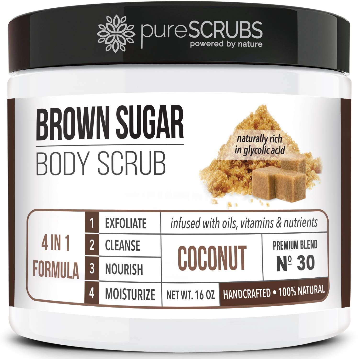 pureSCRUBS Premium Coconut Brown Sugar Scrub | Face, Feet &amp; Full Body Scrub | Large 16oz Jar Includes Wooden Spoon, Loofah &amp; Mini Exfoliating Bar Soap
