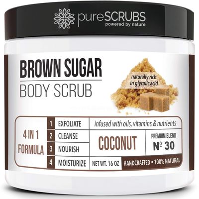 pureSCRUBS Premium Coconut Brown Sugar Scrub | Face, Feet &amp; Full Body Scrub | Large 16oz Jar Includes Wooden Spoon, Loofah &amp; Mini Exfoliating Bar Soap