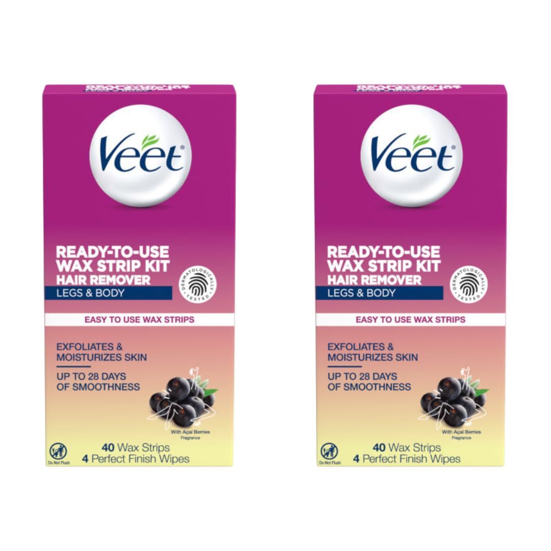 Veet Leg &amp; Body Hair Removal Kit- Sensitive Formula, Ready-to-use Cold Wax Strips, Shea Butter &amp; Acai Fragrance, 40 Count (Pack of 2)