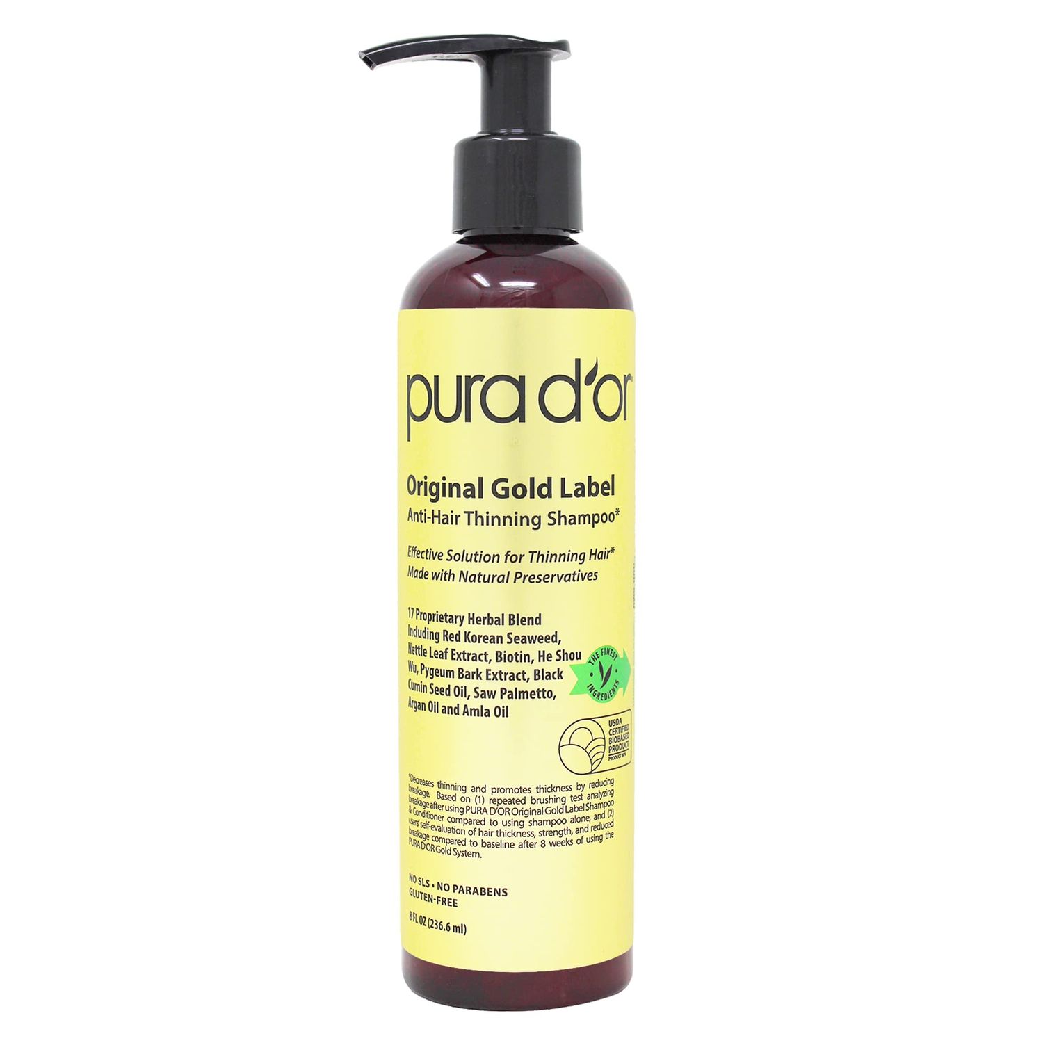 PURA D&#39;OR 8 Oz Original Gold Label Anti-Thinning Biotin Shampoo Natural Earthy Scent, CLINICALLY TESTED Effective Results, Herbal DHT Blocker Hair Thickening Products, Women &amp; Men, Color Treated Hair