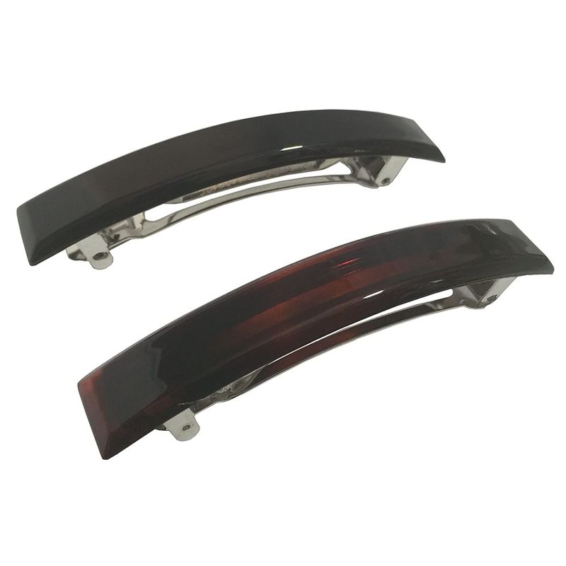 Parcelona French Bar Set of 2 Black N Shell Brown Celluloid Automatic Hair Clip Barrette (Large)