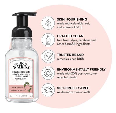 J.R. Watkins Foaming Hand Soap Pump with Dispenser, Moisturizing All Natural Hand Soap Foam, Alcohol-Free, Cruelty-Free, USA Made, Use as Kitchen or Bathroom Soap, Grapefruit, 9 fl oz, 6 Pack