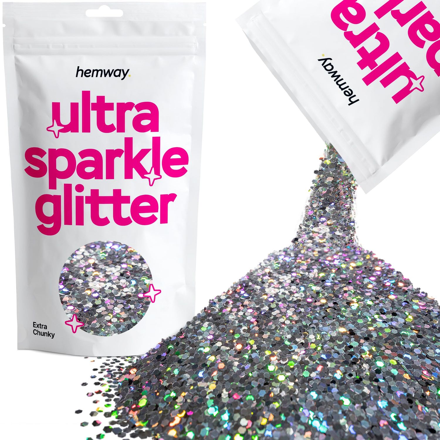 Hemway Premium Ultra Sparkle Glitter Multi Purpose Metallic Flake for Arts Crafts Nails Cosmetics Resin Festival Face Hair - Gun Metal Grey Holographic - Extra Chunky (1/24&quot; 0.040&quot; 1mm) 100g / 3.5oz