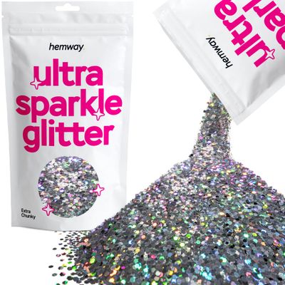 Hemway Premium Ultra Sparkle Glitter Multi Purpose Metallic Flake for Arts Crafts Nails Cosmetics Resin Festival Face Hair - Gun Metal Grey Holographic - Extra Chunky (1/24&quot; 0.040&quot; 1mm) 100g / 3.5oz