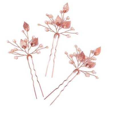 Missgrace Rose Gold Hair Pins (3 Packs), Crystal Leaf Wedding Hair Accessories for Women