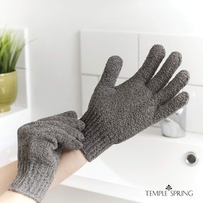 Temple Spring Exfoliating Gloves - Rayon Bamboo Bath/Shower Gloves, Bath Gloves for Shower Exfoliating and Ingrown Hair/Dead Skin Remover - Exfoliator Mitt Scrub Gloves - Grey