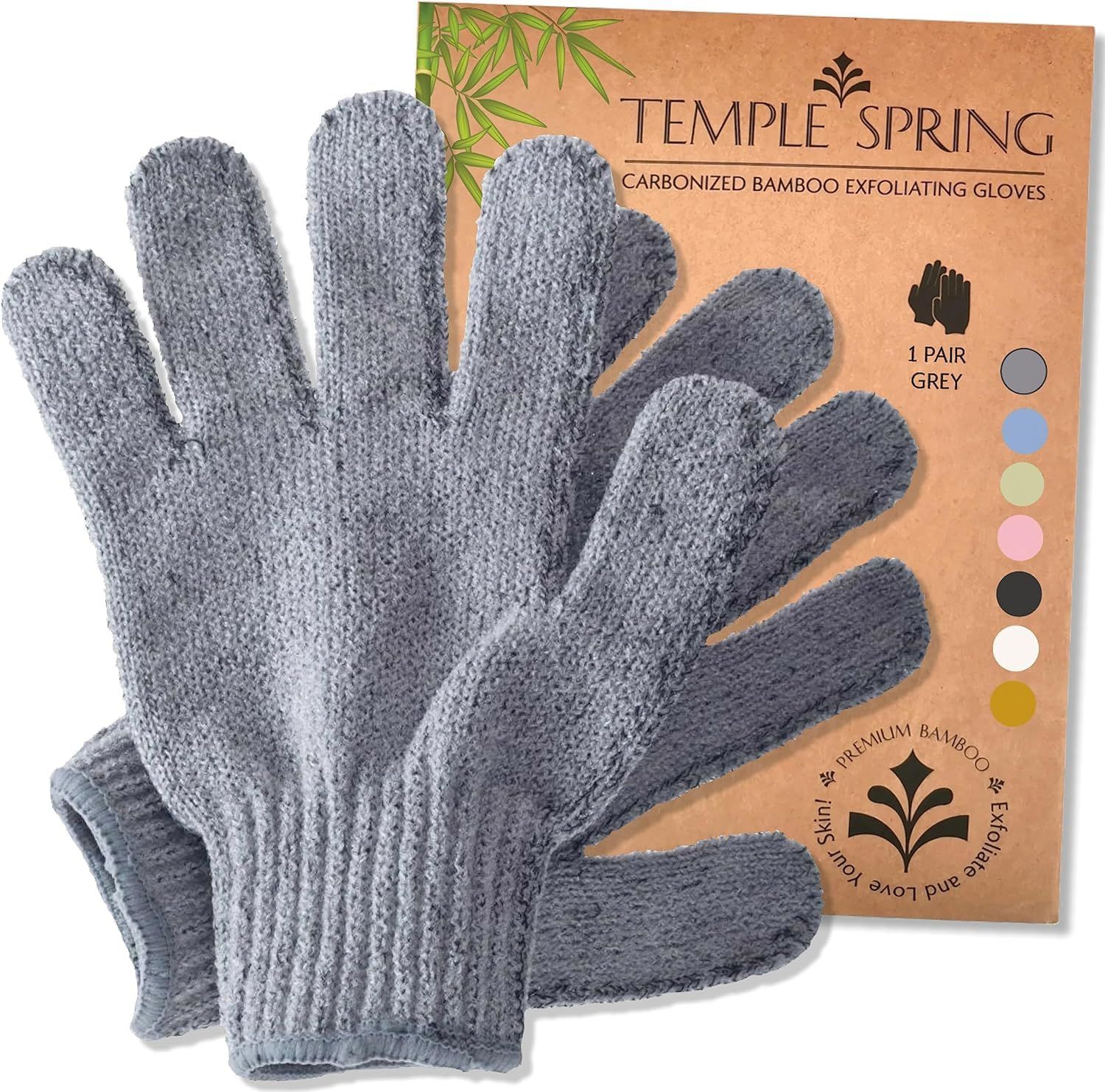 Temple Spring Exfoliating Gloves - Rayon Bamboo Bath/Shower Gloves, Bath Gloves for Shower Exfoliating and Ingrown Hair/Dead Skin Remover - Exfoliator Mitt Scrub Gloves - Grey